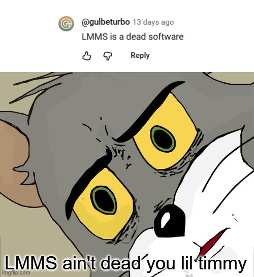 those who commented this on YT must be a Brochato | LMMS ain't dead you lil timmy | image tagged in memes,unsettled tom,lmms | made w/ Imgflip meme maker