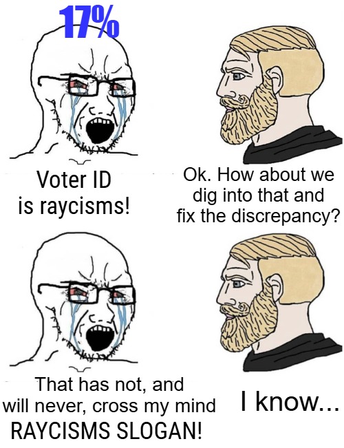 Never in my Lib years, did Dems bring something to the table. Never "ID yes, but first this". They revel in "racism" stories | RAYCISMS SLOGAN! | image tagged in soyboy vs yes chad,elections,politics,democrats,voter fraud | made w/ Imgflip meme maker