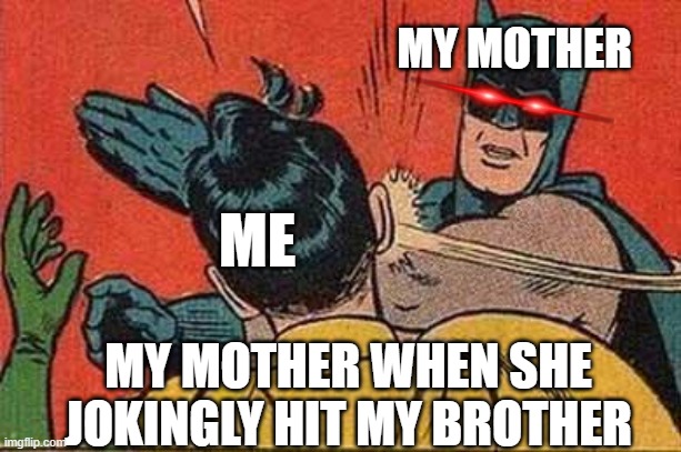 Batman Bitch Slap | MY MOTHER; ME; MY MOTHER WHEN SHE JOKINGLY HIT MY BROTHER | image tagged in batman bitch slap | made w/ Imgflip meme maker