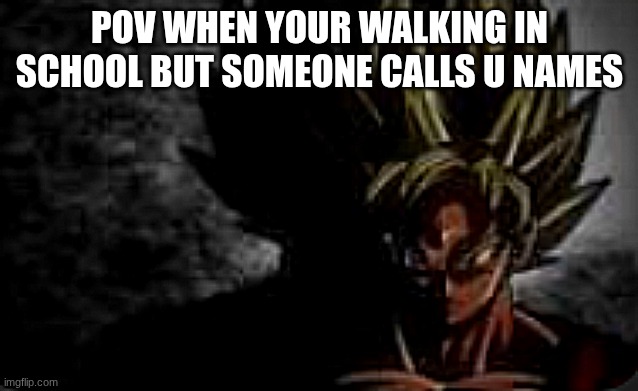 goku | POV WHEN YOUR WALKING IN SCHOOL BUT SOMEONE CALLS U NAMES | image tagged in crosseyed goku | made w/ Imgflip meme maker