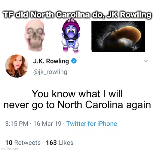 Random poopoo #8 | TF did North Carolina do, JK Rowling; You know what I will never go to North Carolina again | image tagged in jk rowling twitter | made w/ Imgflip meme maker