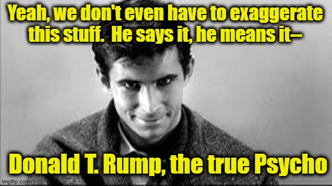 Yeah, we don't even have to exaggerate this stuff.  He says it, he means it-- Donald T. Rump, the true Psycho | made w/ Imgflip meme maker