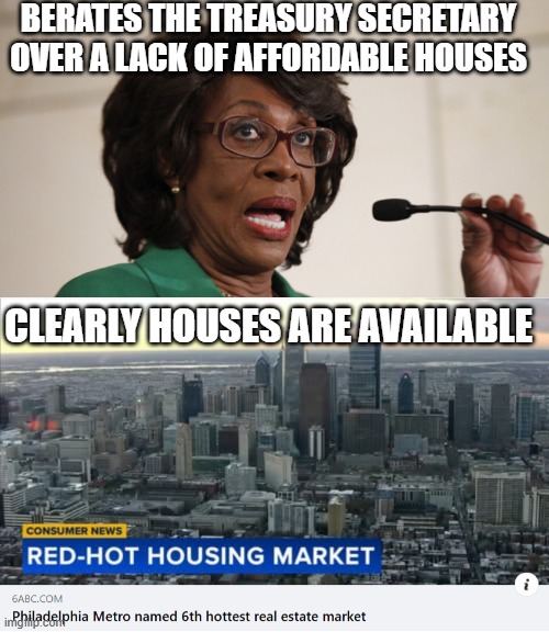 They are Mental | BERATES THE TREASURY SECRETARY OVER A LACK OF AFFORDABLE HOUSES; CLEARLY HOUSES ARE AVAILABLE | image tagged in maxine waters | made w/ Imgflip meme maker