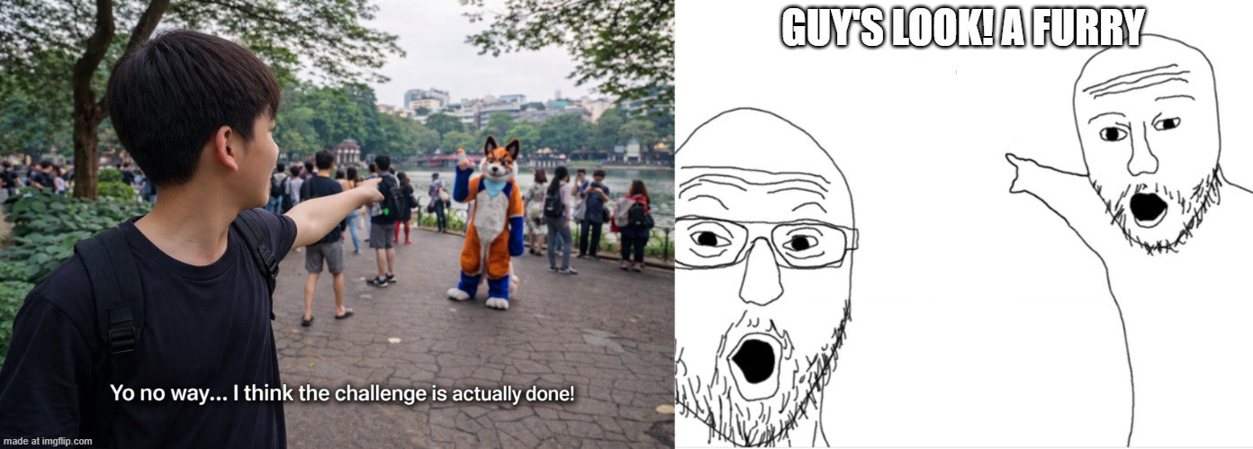 BRO THINK HE'S MANLIKEISAAC | GUY'S LOOK! A FURRY | image tagged in 2 guys pointing,ai generated | made w/ Imgflip meme maker