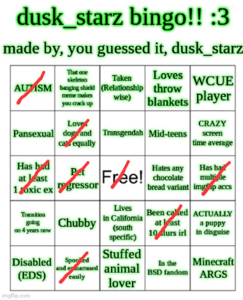 dusk_starz's bingo!!! | image tagged in dusk_starz's bingo | made w/ Imgflip meme maker
