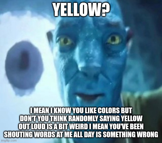 Avatar guy | YELLOW? I MEAN I KNOW YOU LIKE COLORS BUT DON'T YOU THINK RANDOMLY SAYING YELLOW OUT LOUD IS A BIT WEIRD I MEAN YOU'VE BEEN SHOUTING WORDS AT ME ALL DAY IS SOMETHING WRONG | image tagged in avatar guy | made w/ Imgflip meme maker