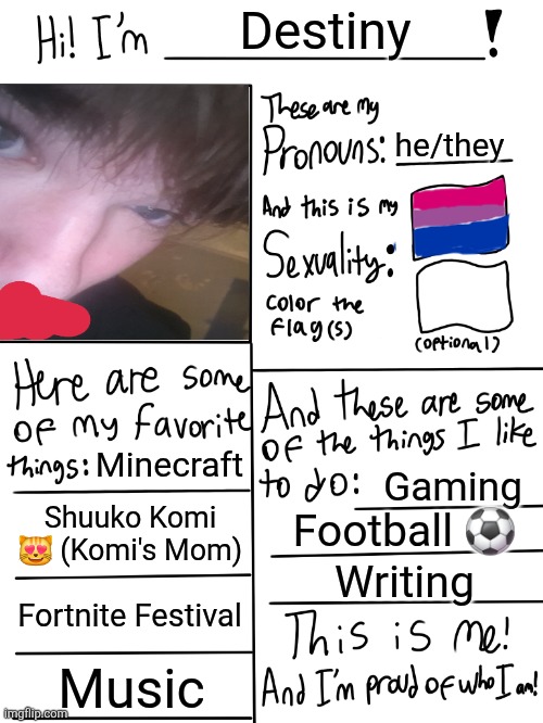 Lgbtq stream account profile | Destiny; he/they; Minecraft; Gaming; Shuuko Komi 😻 (Komi's Mom); Football ⚽️; Writing; Fortnite Festival; Music | image tagged in lgbtq stream account profile | made w/ Imgflip meme maker