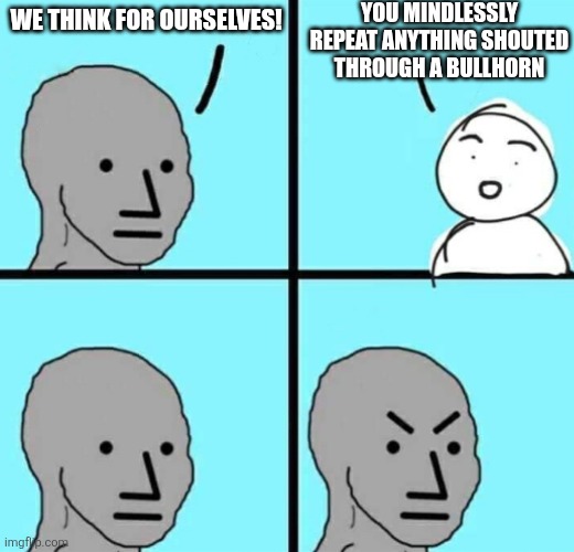 Angry npc wojak | YOU MINDLESSLY REPEAT ANYTHING SHOUTED THROUGH A BULLHORN; WE THINK FOR OURSELVES! | image tagged in angry npc wojak | made w/ Imgflip meme maker