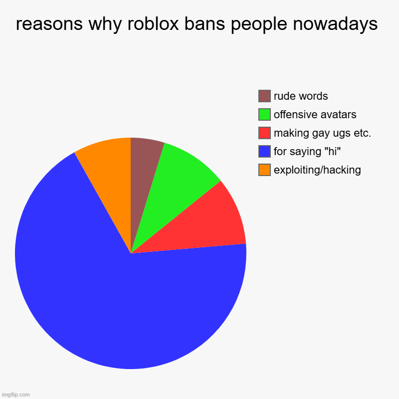 reasons why roblox bans people nowadays | exploiting/hacking, for saying "hi", making gay ugs etc., offensive avatars, rude words | image tagged in charts,pie charts | made w/ Imgflip chart maker