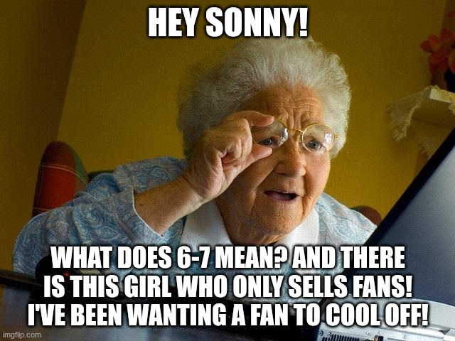 Poor Granny. | HEY SONNY! WHAT DOES 6-7 MEAN? AND THERE IS THIS GIRL WHO ONLY SELLS FANS! I'VE BEEN WANTING A FAN TO COOL OFF! | image tagged in memes,grandma finds the internet | made w/ Imgflip meme maker
