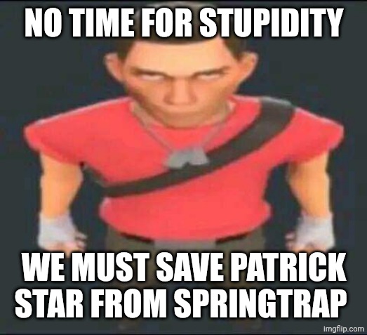 bro | NO TIME FOR STUPIDITY; WE MUST SAVE PATRICK STAR FROM SPRINGTRAP | image tagged in bro | made w/ Imgflip meme maker