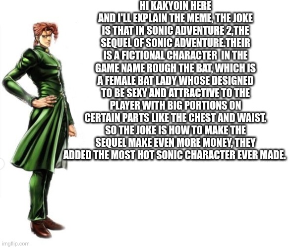 Kakyoin explains it | HI KAKYOIN HERE AND I'LL EXPLAIN THE MEME, THE JOKE IS THAT IN SONIC ADVENTURE 2,THE SEQUEL OF SONIC ADVENTURE.THEIR IS A FICTIONAL CHARACTE | image tagged in kakyoin explains it | made w/ Imgflip meme maker