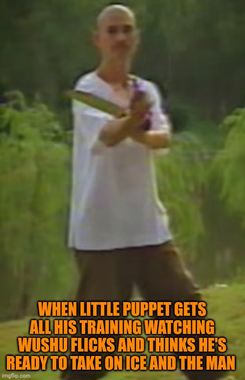 Funny | WHEN LITTLE PUPPET GETS ALL HIS TRAINING WATCHING WUSHU FLICKS AND THINKS HE'S READY TO TAKE ON ICE AND THE MAN | image tagged in funny,illegal aliens,secure the border,kung fu,police,rebels | made w/ Imgflip meme maker