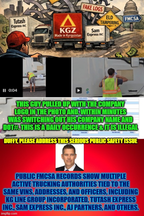 4 Amish men are dead in Indiana bcuz of illegal driver | THIS GUY PULLED UP WITH THE COMPANY LOGO IN THE PHOTO AND, WITHIN MINUTES WAS SWITCHING OUT HIS COMPANY NAME AND DOT#. THIS IS A DAILY OCCURRENCE & IT IS ILLEGAL; DUFFY, PLEASE ADDRESS THIS SERIOUS PUBLIC SAFETY ISSUE; PUBLIC FMCSA RECORDS SHOW MULTIPLE ACTIVE TRUCKING AUTHORITIES TIED TO THE SAME VINS, ADDRESSES, AND OFFICERS, INCLUDING KG LINE GROUP INCORPORATED, TUTASH EXPRESS INC., SAM EXPRESS INC., AJ PARTNERS, AND OTHERS. | image tagged in sean duffy,public safety,amish,indiana,kyrgyzstan,illegal immigration | made w/ Imgflip meme maker