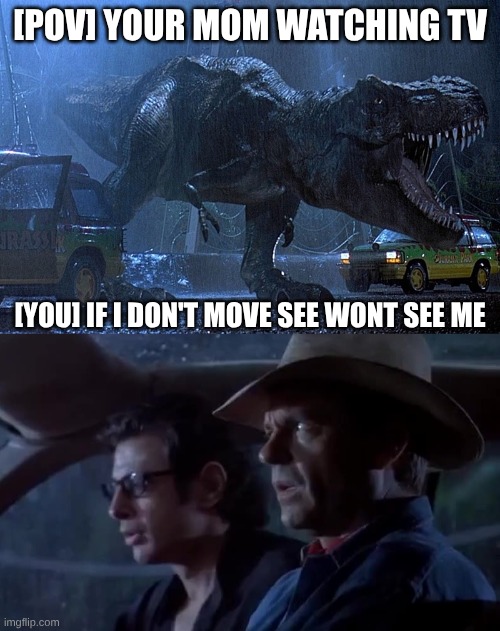 its true tho | [POV] YOUR MOM WATCHING TV; [YOU] IF I DON'T MOVE SEE WONT SEE ME | image tagged in jurassic park don't move | made w/ Imgflip meme maker