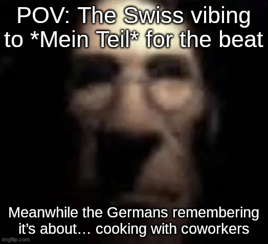 tf2 medic stare | POV: The Swiss vibing to *Mein Teil* for the beat; Meanwhile the Germans remembering it’s about… cooking with coworkers | image tagged in tf2 medic stare | made w/ Imgflip meme maker