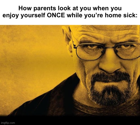 . | How parents look at you when you enjoy yourself ONCE while you’re home sick: | image tagged in breaking bad | made w/ Imgflip meme maker