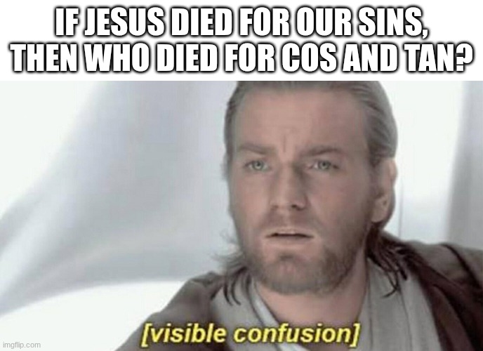 hmmmmmm | IF JESUS DIED FOR OUR SINS, THEN WHO DIED FOR COS AND TAN? | image tagged in visible confusion,memes,funny,religion,jesus,question | made w/ Imgflip meme maker