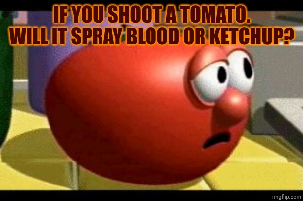 Way tomato  | IF YOU SHOOT A TOMATO. WILL IT SPRAY BLOOD OR KETCHUP? | image tagged in way tomato | made w/ Imgflip meme maker
