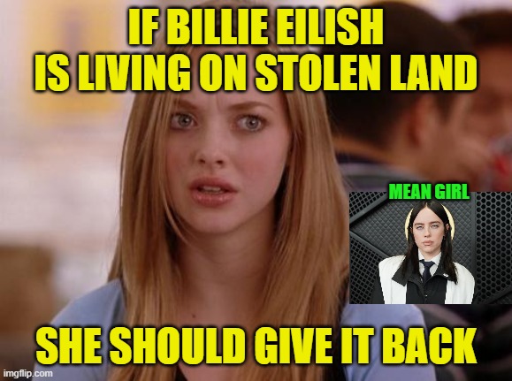 Manifest Virtue -- Don't Signal It | IF BILLIE EILISH IS LIVING ON STOLEN LAND; MEAN GIRL; SHE SHOULD GIVE IT BACK | image tagged in billie eilish,anti-ice,illlegal immigration,stolen land,native americans,mean girls | made w/ Imgflip meme maker