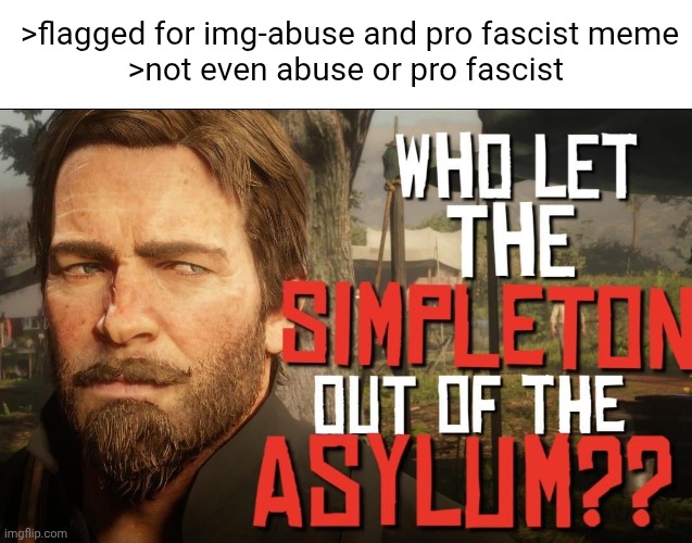 Obviously from the comment section | >flagged for img-abuse and pro fascist meme
>not even abuse or pro fascist | image tagged in who let the simpleton out of the asylum,comment section | made w/ Imgflip meme maker