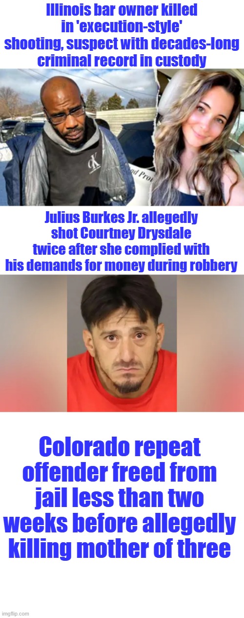 Illinois & Colorado, what's the common denominator ? Anyone know ? | Illinois bar owner killed in 'execution-style' shooting, suspect with decades-long criminal record in custody; Julius Burkes Jr. allegedly shot Courtney Drysdale twice after she complied with his demands for money during robbery; Colorado repeat offender freed from jail less than two weeks before allegedly killing mother of three | made w/ Imgflip meme maker