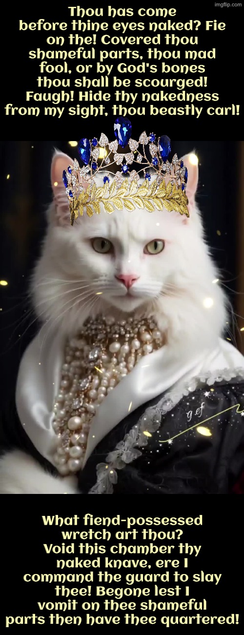 Lest I Vomit On Thee Shameful Parts | Thou has come before thine eyes naked? Fie on the! Covered thou shameful parts, thou mad fool, or by God's bones thou shall be scourged! Faugh! Hide thy nakedness from my sight, thou beastly carl! What fiend-possessed wretch art thou? Void this chamber thy naked knave, ere I command the guard to slay thee! Begone lest I vomit on thee shameful parts then have thee quartered! | image tagged in cats,funny cats,medieval memes,vomit,naked,the queen | made w/ Imgflip meme maker