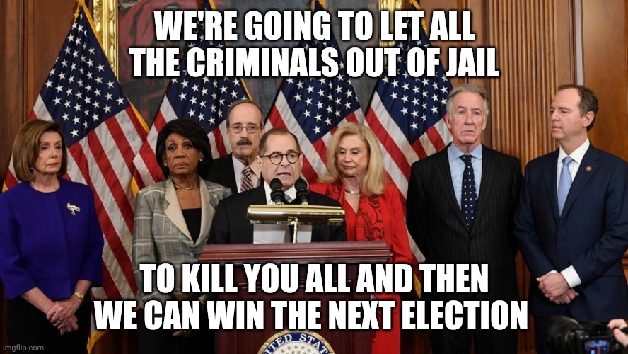 House Democrats | WE'RE GOING TO LET ALL THE CRIMINALS OUT OF JAIL TO KILL YOU ALL AND THEN WE CAN WIN THE NEXT ELECTION | image tagged in house democrats | made w/ Imgflip meme maker