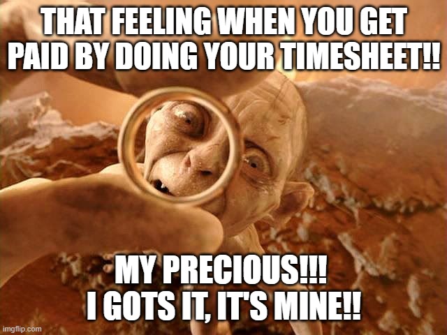My Precious Paycheck!! | THAT FEELING WHEN YOU GET PAID BY DOING YOUR TIMESHEET!! MY PRECIOUS!!!  I GOTS IT, IT'S MINE!! | image tagged in golum,timesheet reminder,timesheet meme,timesheet,timesheets,lord of the rings | made w/ Imgflip meme maker