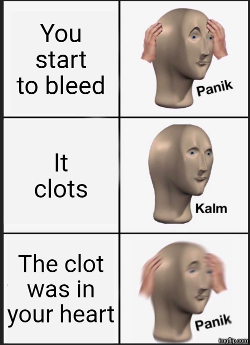 Panik Kalm Panik | You start to bleed; It clots; The clot was in your heart | image tagged in memes,panik kalm panik | made w/ Imgflip meme maker
