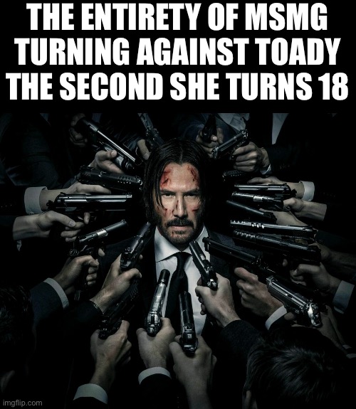 IMPACT FONT ALL CAPS | THE ENTIRETY OF MSMG TURNING AGAINST TOADY THE SECOND SHE TURNS 18 | image tagged in john wick 2 | made w/ Imgflip meme maker