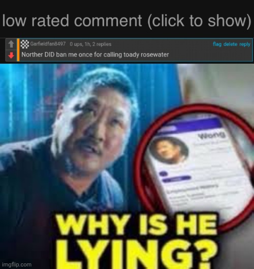Not even why he banned you | image tagged in low rated comment dark mode version,why is he lying | made w/ Imgflip meme maker