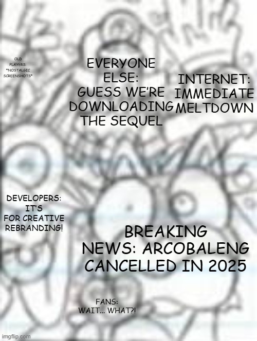 Arcobaleng Cancelled In 2025 Be Like | EVERYONE ELSE: GUESS WE’RE DOWNLOADING THE SEQUEL; OLD PLAYERS: *NOSTALGIC SCREENSHOTS*; INTERNET: IMMEDIATE MELTDOWN; DEVELOPERS: IT’S FOR CREATIVE REBRANDING! BREAKING NEWS: ARCOBALENG CANCELLED IN 2025; FANS: WAIT... WHAT?! | image tagged in aaaaaaaaaaaaaaaaaa,arcobaleng,memes,only in ohio,goofy ahh | made w/ Imgflip meme maker