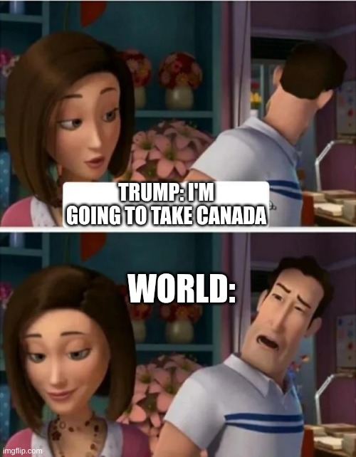Trump's Dumbass | TRUMP: I'M GOING TO TAKE CANADA; WORLD: | image tagged in flawed logic blank,trump,canada,world | made w/ Imgflip meme maker