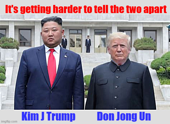 The brain exchange | It's getting harder to tell the two apart; Kim J Trump           Don Jong Un | image tagged in the brain exchange,kim j trump,don jong un,nationalists combine,twins under the skin,their eating the dogs | made w/ Imgflip meme maker