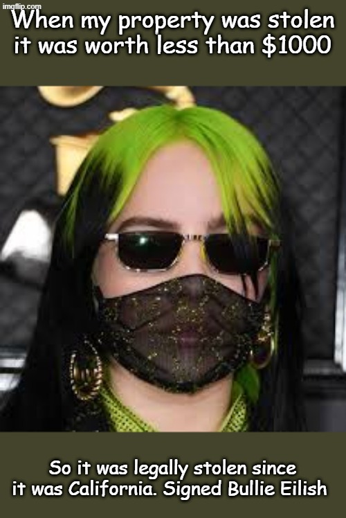 And actually it was shoplifted, so that makes it less stolen. | When my property was stolen it was worth less than $1000; So it was legally stolen since it was California. Signed Bullie Eilish | image tagged in billie eilish | made w/ Imgflip meme maker