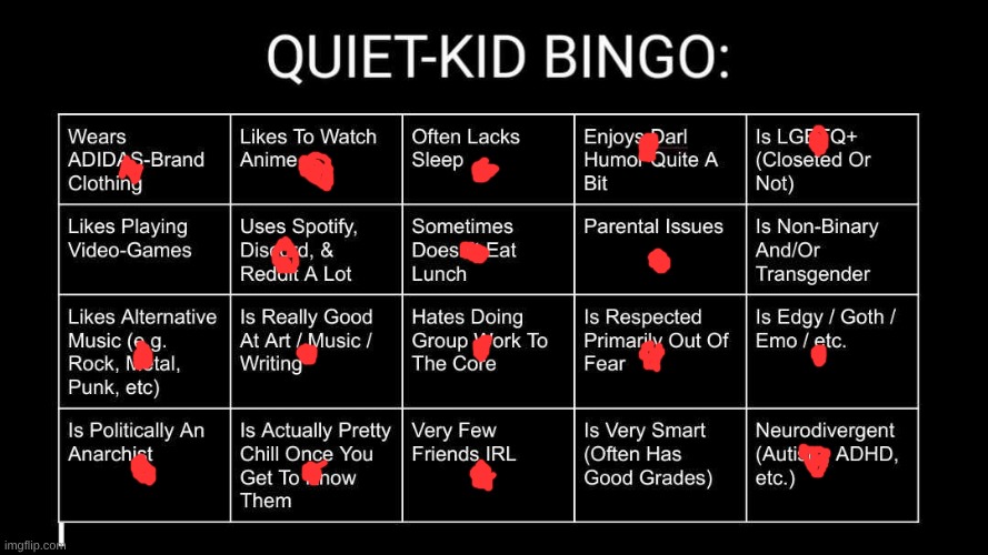 Quiet Kid Bingo | image tagged in quiet kid bingo | made w/ Imgflip meme maker