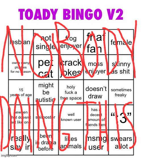 toady bingo v2 (very outdated) | image tagged in toady bingo v2 | made w/ Imgflip meme maker