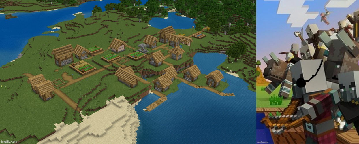 image tagged in minecraft village,illagers | made w/ Imgflip meme maker