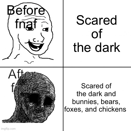 Damn you, bunny | Before fnaf; Scared of the dark; After fnaf; Scared of the dark and bunnies, bears, foxes, and chickens | image tagged in happy wojak vs depressed wojak,fnaf | made w/ Imgflip meme maker