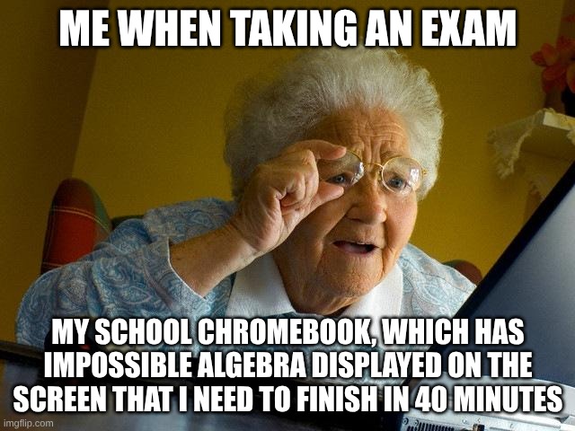 Grandma Finds The Internet | ME WHEN TAKING AN EXAM; MY SCHOOL CHROMEBOOK, WHICH HAS IMPOSSIBLE ALGEBRA DISPLAYED ON THE SCREEN THAT I NEED TO FINISH IN 40 MINUTES | image tagged in memes,grandma finds the internet | made w/ Imgflip meme maker