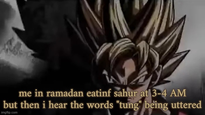 I'm posting anything now | me in ramadan eatinf sahur at 3-4 AM but then i hear the words "tung" being uttered | image tagged in goku staring | made w/ Imgflip meme maker