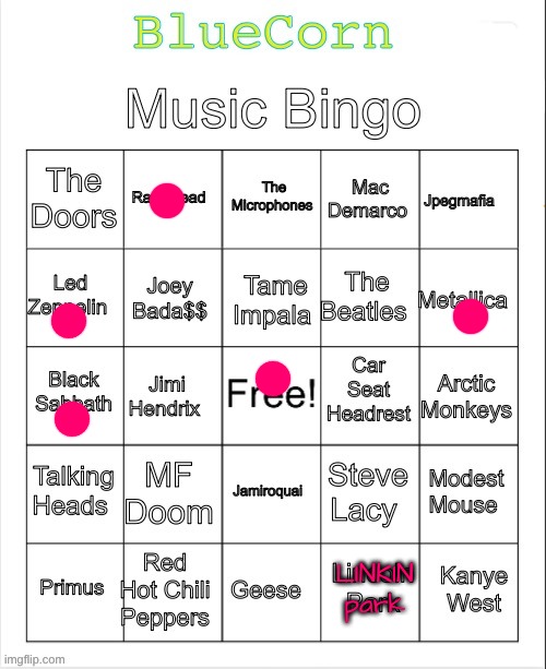 BlueCorn music bingo | LINKIN park | image tagged in bluecorn music bingo | made w/ Imgflip meme maker