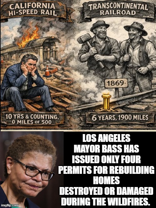 Anyone that votes Democrat in California is an idiot! | LOS ANGELES MAYOR BASS HAS ISSUED ONLY FOUR PERMITS FOR REBUILDING HOMES DESTROYED OR DAMAGED DURING THE WILDFIRES. | image tagged in idiots,sam elliott special kind of stupid,stupid liberals | made w/ Imgflip meme maker