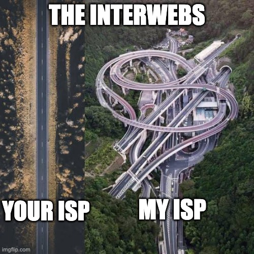 found out why my Internet is so slow | THE INTERWEBS; YOUR ISP; MY ISP | image tagged in easy vs complicated,slow,internet | made w/ Imgflip meme maker