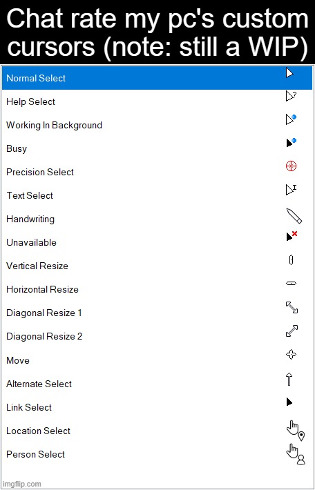 Chat rate my pc's custom cursors (note: still a WIP) | made w/ Imgflip meme maker