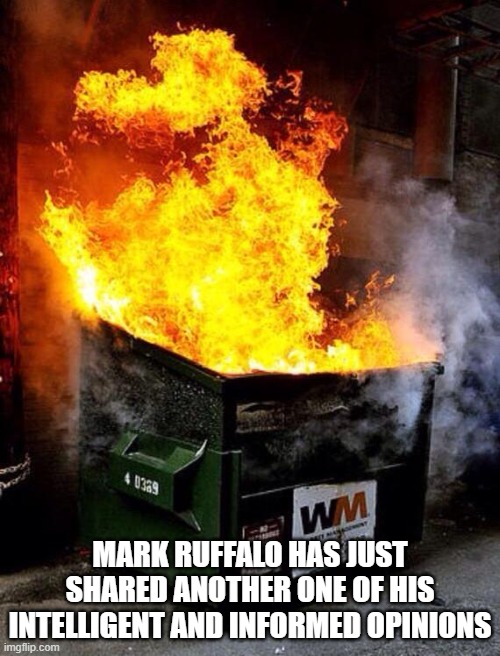 Mark Ruffalo's Celebrity Opinion | MARK RUFFALO HAS JUST SHARED ANOTHER ONE OF HIS INTELLIGENT AND INFORMED OPINIONS | image tagged in dumpster fire,celebrity,celebrity opinion,mark ruffalo | made w/ Imgflip meme maker