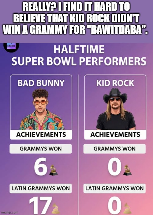 Hard To Believe Kid Rock Didn't Win Grammy For Bawitdaba | REALLY? I FIND IT HARD TO BELIEVE THAT KID ROCK DIDN'T WIN A GRAMMY FOR "BAWITDABA". | image tagged in kid rock,bad bunny,super bowl,halftime show,funny,memes | made w/ Imgflip meme maker