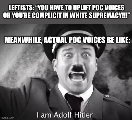 Yes, it Really is Like That | LEFTISTS: “YOU HAVE TO UPLIFT POC VOICES OR YOU’RE COMPLICIT IN WHITE SUPREMACY!!!”; MEANWHILE, ACTUAL POC VOICES BE LIKE: | image tagged in i am adolf hitler,white supremacists | made w/ Imgflip meme maker