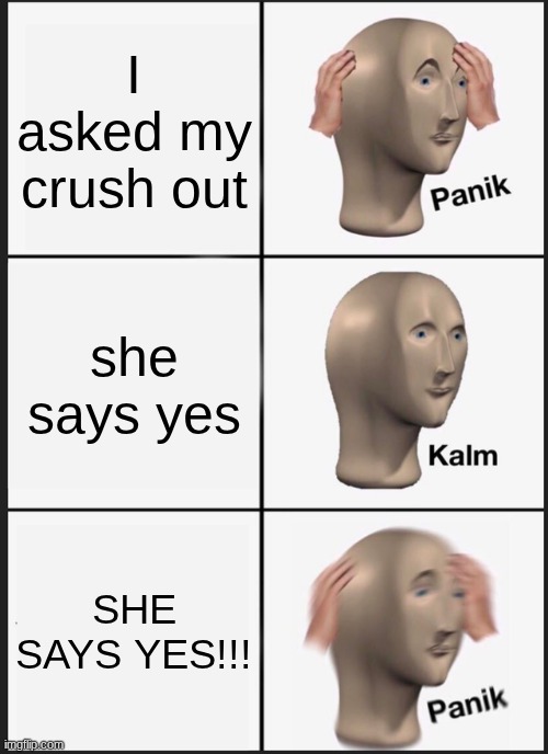 Panik Kalm Panik Meme | I asked my crush out; she says yes; SHE SAYS YES!!! | image tagged in memes,panik kalm panik | made w/ Imgflip meme maker